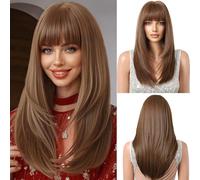 OUFEI Parrucca Marrone con Frangetta - Parrucca Lunga e Dritta per Le Donne - Capelli Sintetici - Cosplay - Uso Quotidiano e Party
