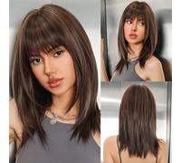 OUFEI Parrucca Marroni Miste per Donna Parrucca Lunga Stratificato Dritta Di Media Lunghezza con Frangetta Parrucche Sintetiche Resistenti Al Calore per Ogni Festa Cosplay Wear