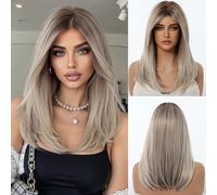 OUFEI Parrucca ombre bionda cenere per donne, parrucca media lunga diritta con frangia sintetica, capelli resistenti al calore
