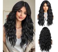 OUFEI Parrucca ondulata lunga nera per le donne con frangia tenda naturale ricci capelli sintetici resistenti al calore parrucche per feste quotidiane Cosplay da indossare