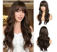 OUFEI Parrucche 24" Brune con Frange Parrucche Lunghe Ondulate In Fibra Sintetica Resistente Al Calore per Le Donne Uso Quotidiano per Le Feste