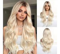 OUFEI Parrucche bionde da donna, parrucca lunga e riccia con radici scure, capelli sintetici, resistenti al calore, per feste quotidiane e cosplay