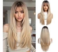 OUFEI Parrucche Bionde Ombre per Le Donne Parrucca Lunga con Frangetta Parrucche Dritte Naturali Parrucche Sintetiche Resistenti Al Calore per La Festa Quotidiana Cosplay Wear