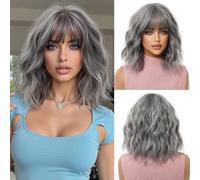 OUFEI Parrucche Bob grigie per le donne parrucca ondulata corta con frangia con radici scure capelli sintetici naturali parrucche resistenti al calore per la festa quotidiana Cosplay indossare