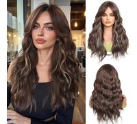 OUFEI Parrucche Lunghe Ondulate Evidenziatore Marrone con Frangetta per Le Donne Capelli Sintetici Naturali Parrucche Resistenti Al Calore per Usura Quotidiana Partito Cosplay