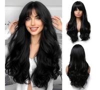 OUFEI Parrucche Lunghe Ondulate Nere con Frangetta per le Donne Parrucche Naturali dei Capelli Sintetici Resistenti al Calore per il Partito Quotidiano Cosplay Indossare