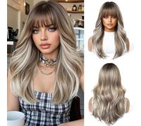 OUFEI Parrucche lunghe ondulate ombre bionde per donne con frangia, capelli sintetici naturali, parrucche resistenti al calore per uso quotidiano, feste e cosplay