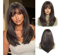 OUFEI Parrucche marrone scuro da donna con cuoio capelluto oversize medio lungo dritto parrucca con frangia capelli sintetici resistenti al calore per feste quotidiane cosplay indossare