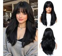 OUFEI Parrucche nere con frangia per donne parrucca lunga riccia sintetica resistente al calore per uso quotidiano feste e cosplay