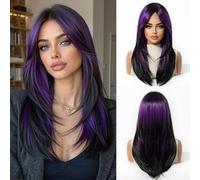 OUFEI Parrucche nere viola Ombre con frangia per le donne Parrucca liscia lunga media capelli sintetici parrucche resistenti al calore per tutti i giorni feste e cosplay