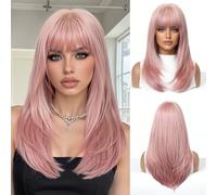 OUFEI Parrucche Rosa per Donne, Grande Circonferenza, Lunghezza Media-Lunga, Dritta, con Frangia, Capelli Sintetici, Resistente al Calore, Parrucche per Ogni Giorno, Festa, Abbigliamento Cosplay