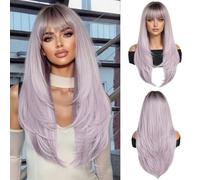 OUFEI Parrucche Viola Chiaro con Frangetta per Donna Parrucche Sintetiche Lunghe e Dritte Stratificato con Radici Scure per Uso Quotidiano Di Partito