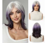 OUFEI Parrucche Viola Sfumate per Donna con Frangia a Tendina Taglio Corto Liscio Capelli Sintetici Naturali Resistenti al Calore Ideali per l'Uso Quotidiano per Feste e Cosplay