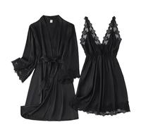 OUFEIJIA EUR Pigiama da casa donna in 2 pezzi con canotta e vestaglia in pizzo seta sintetica for la primavera estate(Svart,Large)