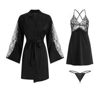 OUFEIJIA EUR Set da donna con canotta in pizzo di seta e estiva, camicia notte vestaglia, set 3 pezzi mutandine indossare a casa(M)