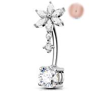 OUFER 14G Fiore Piercing Ombelico Acciaio Chirurgico 316L Reverse Belly Bar Pendente Zircone Trasparente 12 mm Piercing a Banana Gioielli con Bilanciere Lungo per Corpo da Donna
