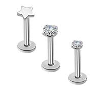 OUFER 16G 3PCS Titanio Piercing Trago Tragus Helix Cartilagine Orecchini Labbro Conch Argento Snug CZ Labret Piercing 8mm Stella Anello Naso Gioielli Donna Uomo