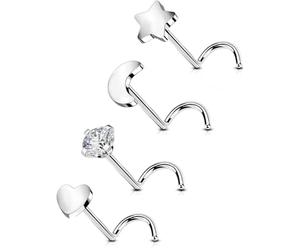 OUFER 20G 4PCS Piercing Naso in Titanio G23 a Vite Design a Forma di S Gioielli per Naso con CZ Trasparente Piercing Naso 7 mm Stecker a Forma di Stella Cuore e Luna Piercing per Narice