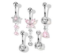 OUFER 5 Pezzi Piercing Ombelico 316L Acciaio Chirurgico Belly Bar Argento Farfalla Fiore Pendenti 14G 10mm CZ Rosa Trasparente Bananabell Navel Bar Belly Button Ring per Donne