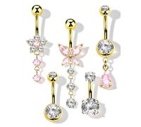 OUFER 5 Pezzi Piercing Ombelico 316L Acciaio Chirurgico Belly Bar Oro Farfalla Fiore Pendenti 14G 10mm CZ Rosa Trasparente Bananabell Navel Bar Belly Button Ring per Donne