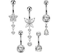 OUFER 5 Pezzi Piercing Ombelico 316L Acciaio Chirurgico Gioielli Piercing Ombelico Farfalla Fiore Argento Anelli Ombelico Pendenti 14G 10mm CZ Trasparente Bananabell Gioielli Corpo Ombelico per Donne