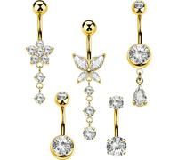 OUFER 5 Pezzi Piercing Ombelico 316L Acciaio Chirurgico Gioielli Piercing Ombelico Farfalla Fiore Oro Anelli Ombelico Pendenti 14G 10mm CZ Trasparente Bananabell Gioielli Corpo Ombelico per Donne