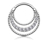 OUFER Anelli per setto nasale da 16 g, tre file pavimentati con zirconia cubica trasparente, gioielli per setto nasale in acciaio inossidabile 316L, gioielli per piercing per cartilagine elica