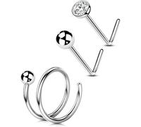 OUFER Body Piercing 3pcs Nose Ring Hoops Piercing Jewelry 316L Stainless Steel 20G L-Shaped Nose Bone Pin Stud Nostril Piercing Jewelry for Women Men