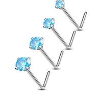OUFER Body Piercing 4PCS 20G Nose Stud Piercing Titanium L Shaped Nose Bar Bone Pin Aquz CZ Nostril Piercing Jewellery for Women Men 7mm