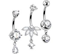 OUFER Body Piercing Belly Bars: 316L Stainless Steel Belly Button Ring Set Externally 14G(1.6mm) 10mm 3Pcs CZ Dangle Navel Piercing Bar for Women Daily/Party Wear