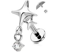 OUFER Body Piercing Cartilage Earring Stud: 16G Titanium Star Dangle Internally Threaded Tragus Piercing with CZ Charm 6mm Labret Nose Ring for Helix Conch Lip