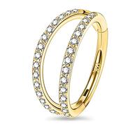 OUFER Body Piercing Helix Earrings Piercing Hoop Ring 16G 9K Solid Gold Septum Ring Piercing Jewellery Double Line Clear CZ Paved Daith Earring Tragus Piercing Jewellery