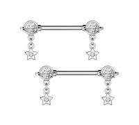 OUFER Body Piercing Nipple Bars: 2pcs 14G 316L Stainless Steel Externally Threaded Dangle Nipple Piercing Rings Jewellery Barbell for Women Clear CZ 1.6MM Sold By Pair