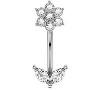 OUFER Piercing per ombelico in argento, 14 g, lunghezza barretta: 10 mm, acciaio chirurgico 316L, fiore CZ, gioielli Belly Button Ring Navel Bar Gemma Jewelry