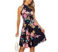 OUGES Abito Estivo Donna al Ginocchio con Scollo al Ginocchio Abito Estivo con Motivo Floreale Abito da Cocktail Elegante(Floral06,L)