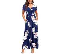 OUGES Abito Estivo Donna Manica Corta con Scollo A V Abito Casual Boho Maxi Abito con Tasche Abito da Festa(Floral-12, S)