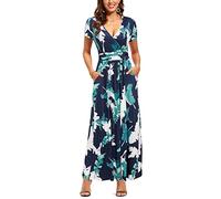 OUGES Abito Estivo Donna Manica Corta con Scollo A V Abito Casual Boho Maxi Abito con Tasche Abito da Festa(Feder, XL)