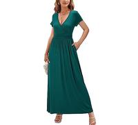OUGES Abito Estivo Donna Manica Corta con Scollo A V Abito Casual Boho Maxi Abito con Tasche Abito da Festa(GXL)