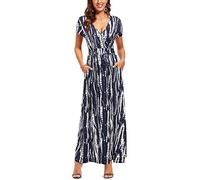 OUGES Abito Estivo Donna Manica Corta con Scollo A V Abito Casual Boho Maxi Abito con Tasche Abito da Festa