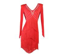 OUHENYUAN Gonna Pratica Moderna con Frange e Frange Abiti da Spettacolo per Balli da Sala Latini da Donna Ballerino di Tango con Colletto a V,Rosso,M