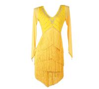 OUHENYUAN Gonna Pratica Moderna con Frange e Frange Abiti da Spettacolo per Balli da Sala Latini da Donna Ballerino di Tango con Colletto a V,Giallo,L