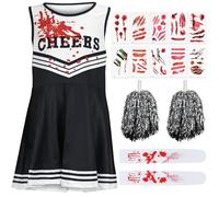 ouhos Costume da cheerleader per Halloween, per bambine, dai 5 ai 10 anni, con collant, costume da cheerleader nero, per bambini (nero, 9-10 anni)