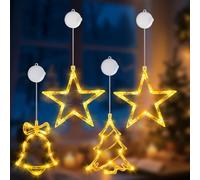 OUILA Set di 4 luci a LED per finestre, stella + albero di Natale + campana, stella di Natale e timer con ventosa per illuminazione finestre, Natale, per interni