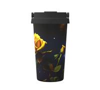 OUInbvv Tazza da caffè isolata portatile con rose gialle stellate, con manico nascosto, base antiscivolo, design a prova di perdite, adatta per auto, ufficio e casa