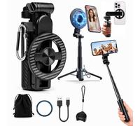Ouitble Mini Selfie Stick Magnetico 45cm Treppiede Smartphone per Streaming | Treppiede 3-in-1 Estensibile in Alluminio Multifunzionale con 4 Gambe Telecomando BT Rimovibile Moschettoni per Viaggi Vlog