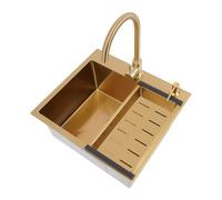 OUKANING Gold - Lavello da cucina 50 x 45 cm, in acciaio inox con scolapiatti e dispenser di sapone, rivestimento PVD Nano Gold, antigraffio, a basso rumore, strato anticondensazione, scarico XL 110