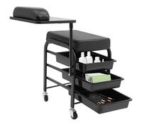 OUKANING Tavolo manicure con sedile, portata 75 kg, tavolo per unghie con 3 cassetti e poggiapolsi girevole, rotelle, stazione manicure per manicure e cosmetici (nero)