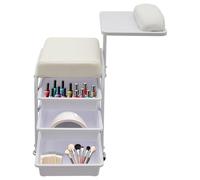 OUKANING Tavolo per manicure con sedile, portata 75 kg, tavolo per unghie con 3 cassetti e poggiapolsi girevole, rotelle, stazione manicure per manicure e cosmetici (bianco)