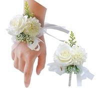 OUKEYI Set di 2 bouquet da polso a forma di rosa, fiore all'occhiello, per matrimonio, da uomo, per matrimonio, bouquet con rose bianche, per donne, sposa, damigella d'onore, corsetto da polso, per