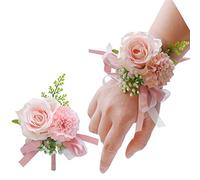 OUKEYI Set di 2 bouquet da polso a forma di rosa, fiore all'occhiello, per matrimonio, da uomo, per matrimonio, bouquet con rose bianche, da donna, per sposa, damigella d'onore, corsageper da polso,